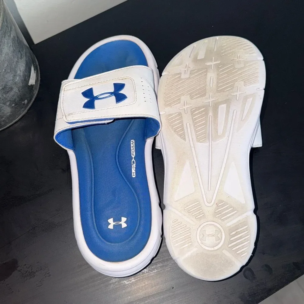 Under Armour Blue and White Slide Sandals 4Y